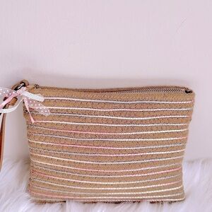 Woven Rattan Clutch Purse/Jewelry Bag with Pink and Blue Ribbon **Like New**
